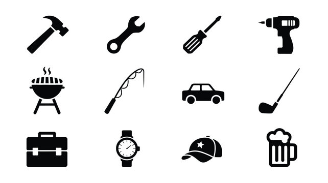 Black silhouette icons for father's day including tools hobbies and leisure activities on white background