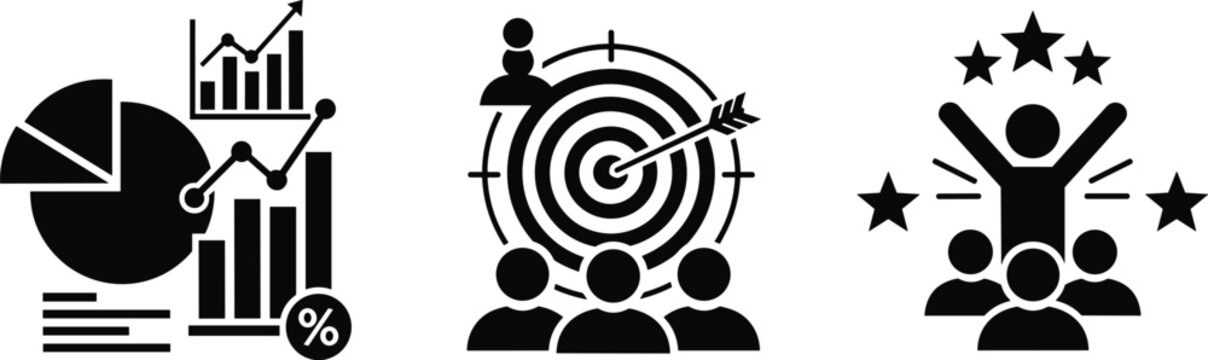 Visual icons representing analytics, teamwork, and achievement milestones isolated on transparent background, Vector