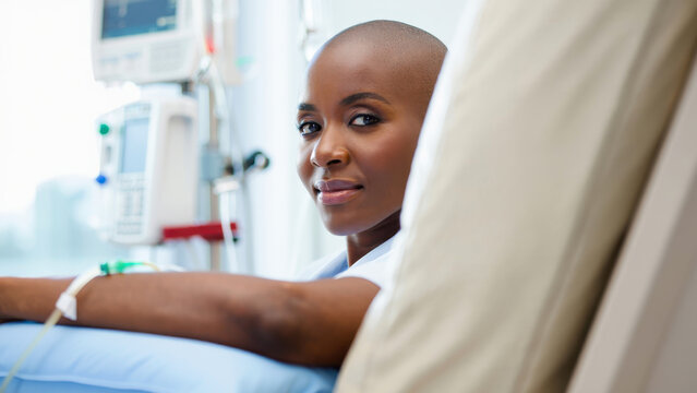 Black woman receiving chemotherapy infusion in hospital oncology ward reflecting cancer treatment journey resilience hope recovery strength medical care compassion and life changing diagnosis moment