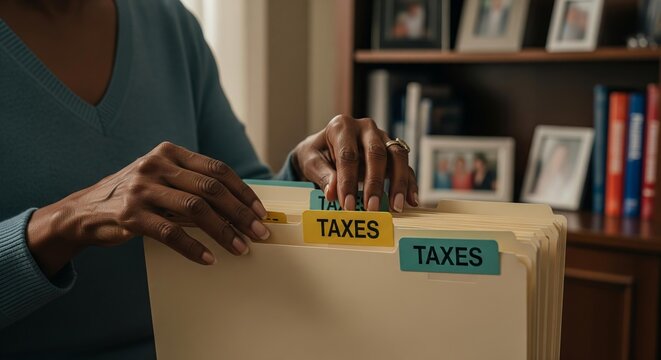 Woman organizing tax documents in a folder with labeled tabs