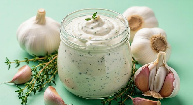 Creamy homemade garlic herb dip in a jar with fresh garlic and thyme