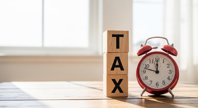 Time to pay taxes with wooden blocks and alarm clock