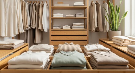 Neat and organized closet with neatly folded clothes and hanging garments