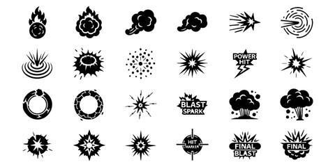 Explosion and impact icons: 25 black-and-white vector designs with bursts, blasts, energy sparks, hit markers, final blast. © Maksym cvc