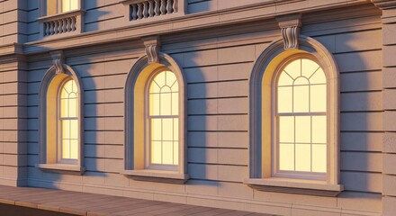 Fototapeta premium Elegant arched windows on a classic building facade at sunset