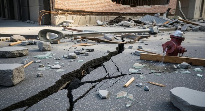 Earthquake damage cracked street, broken lamp post, and leaking fire hydrant
