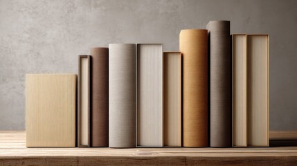 Naklejka premium Aesthetic Arrangement of Various Books on a Wooden Surface with Minimalistic Background and Textured Spine Designs for Interior Decoration Inspiration