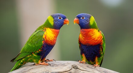 Fototapeta premium Vibrant rainbow lorikeets perched together on a branch with natural background
