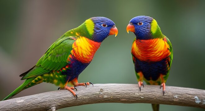 Vibrant rainbow lorikeets perched on a branch in natural sunlight
