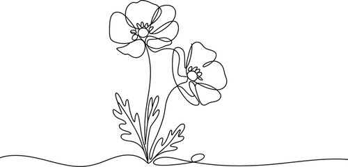 Continuous one line drawing of two blooming poppy flowers with leaves isolated on white background minimalist floral sketch for design. © ALEX BIN