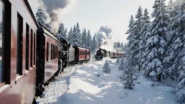 Vintage train chugging through snowy landscape with evergreen trees from a passenger car's viewpoint