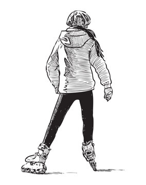 One school girl on roller skates, back view, realistic sketch, vector hand drawn illustration isolated on white background