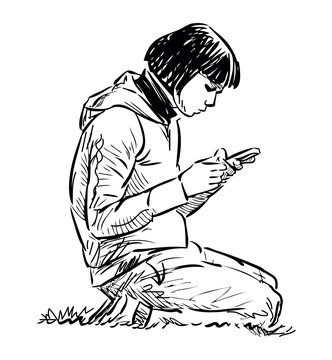 Teenager student girl looking at smartphone, sitting on grass lawn, profile view, realistic sketch, outline hand drawn vector illustration