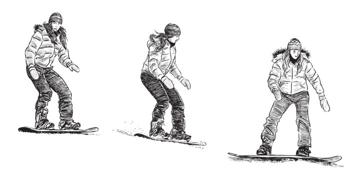 Three teen girls, downhill snowboarding, realistic sketch, healthy lifestyle, sports people, vector, hand drawn illustration