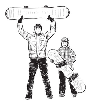 Two cheerful boys, brothers, sports children snowboarding, realistic sketch, vector, hand drawn illustration