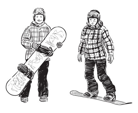 Two cheerful schoolboys, sports children snowboarding, realistic sketch, vector, hand drawn illustration