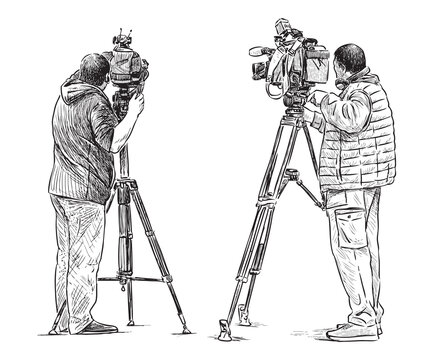 Two cinematographers professional men with cameras on tripod filming, photographing, at work, back view, realistic sketch, vector hand drawing isolated on white