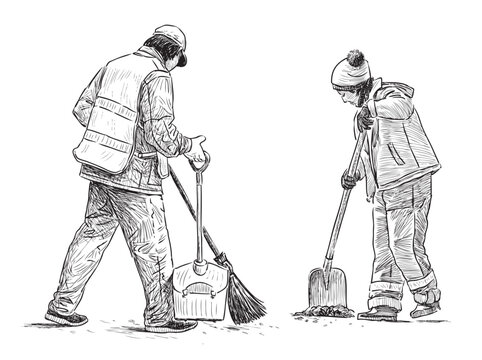 Two janitors sweeping street, cleaners at work, realistic sketch, vector hand drawn illustration isolated on white background