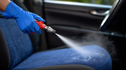 Close-up on steam nozzle tip releasing a concentrated jet of vapor onto the fabric upholstery, droplets condensing on the surface briefly, microfiber glove holding seat in place, b