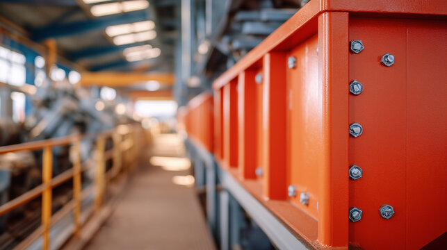 Side perspective of multiple connected chutes directing dust from various machines into centralized collector, metal rivets and welds detailed, soft natural light filtering through