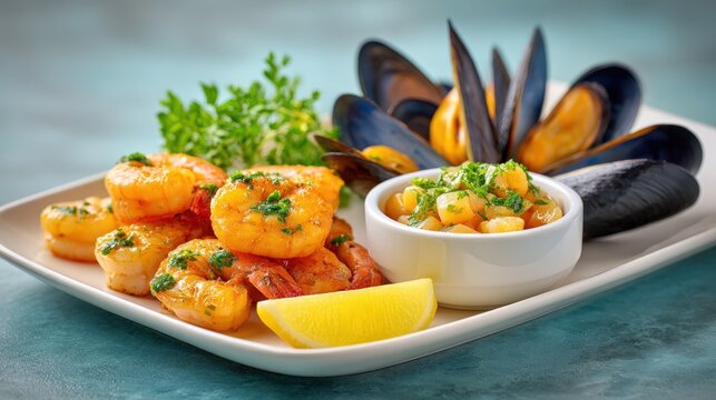 White plate holding cooked shrimp, fresh mussels, diced potatoes with herbs, and lemon wedge