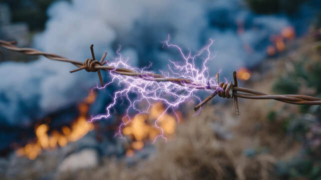 Tight macro shot of arcs of electricity bridging a small gap between two frayed wires, fiery embers surrounding the contact point, dense smoke rising in dramatic curls, copper stra