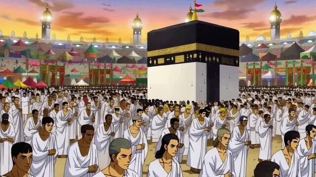 Pilgrims in white robes gather around the Kaaba during Hajj pilgrimage at sunset in Mecca