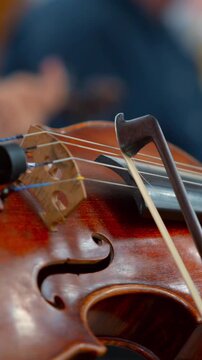 Solo Violin Scene, Intimate Closeup Of Bowed Strings And Precise Fingering In Classical Concert Setting. Media