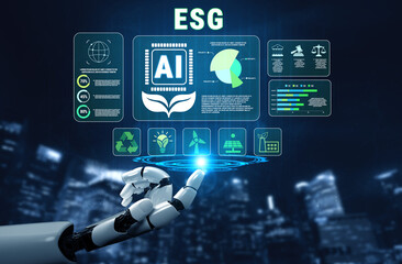 Futuristic Robot Arm Holding Digital Displays Representing ESG Concepts with AI Integration in a...