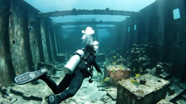 Scuba diver explores sunken shipwreck, navigating through broken hull in ocean