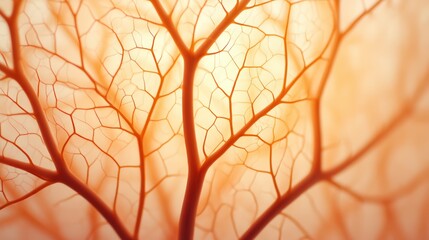 A close-up view of delicate, vein-like structures resembling plant roots or organic forms, illuminated in warm hues.