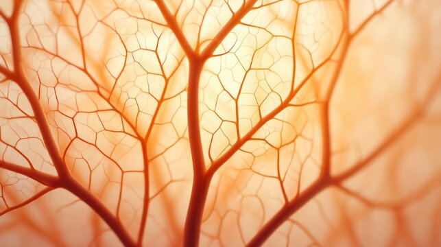 A close-up view of delicate, vein-like structures resembling plant roots or organic forms, illuminated in warm hues.