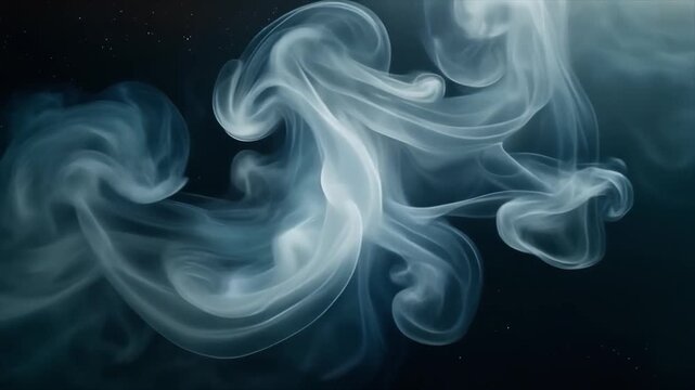Delicate white smoke tendrils gracefully unfurling and twisting in a dark, star-filled void with subtle blue lighting