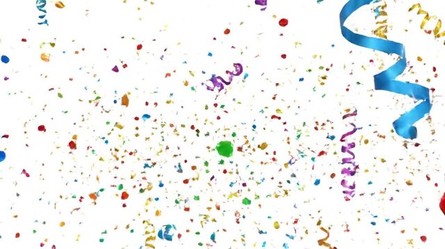 Celebratory Confetti and Streamers Falling on White Background