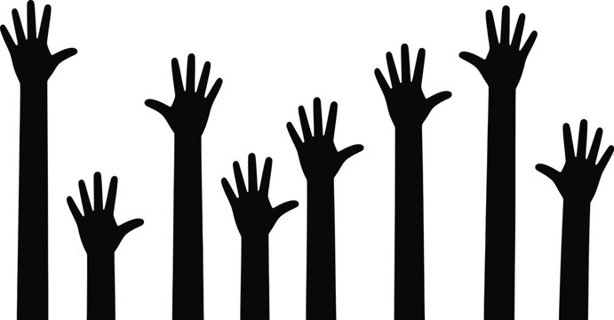 Hands vector illustration with raised silhouettes of people voting and helping in a crowd