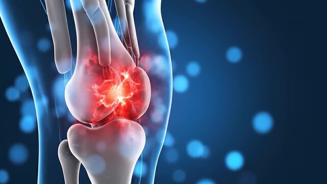 Close Up 3D Animation of a Human Knee Joint Experiencing Pain and Inflammation with Glowing Red Centers