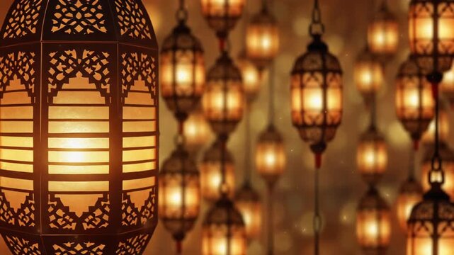 A large, intricately designed lantern hangs lit in front of many similar hanging lanterns indoors