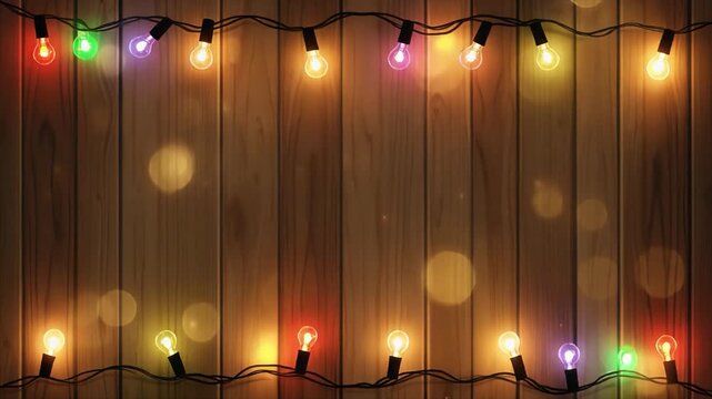 String of colorful glowing Christmas lights draped across a rustic wooden plank background with bokeh effect
