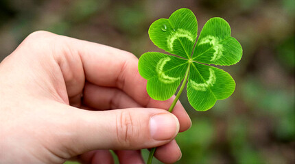 Fingers holding green four-leaf clover outdoors. Rare plant found in nature during spring day.