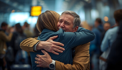 A man and woman share a warm hug in a busy airport terminal