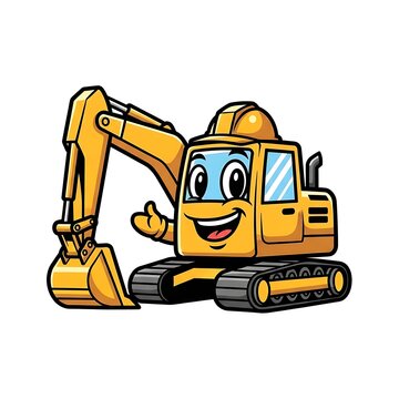 Smiling cartoon excavator machine character.