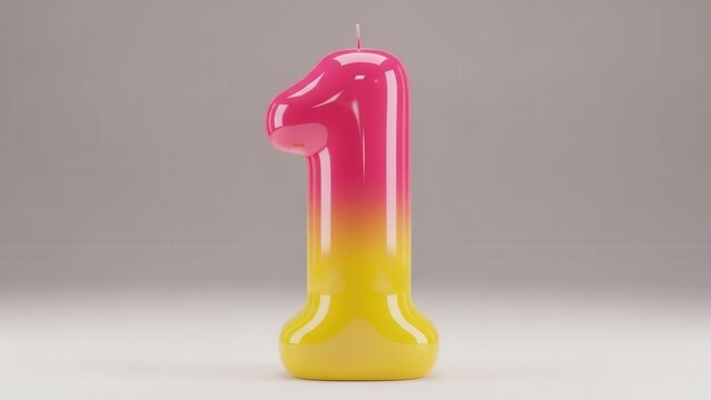 Shiny pink and yellow gradient birthday candle number one isolated on a white background, representing first year celebration or anniversary