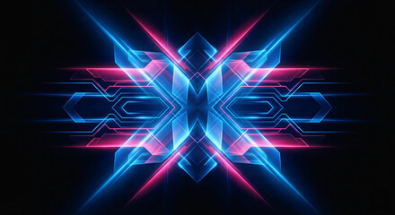 Abstract Futuristic Blue and Pink Neon Geometric Background with Glowing Symmetry