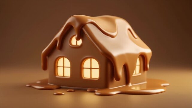 Whimsical Chocolate House Covered in Dripping Melted Chocolate with Glowing Windows home sweet