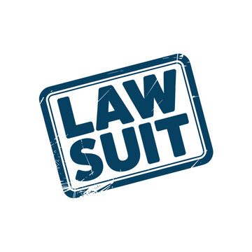 Distressed blue stamp graphic emphatically declares the concept of a lawsuit.