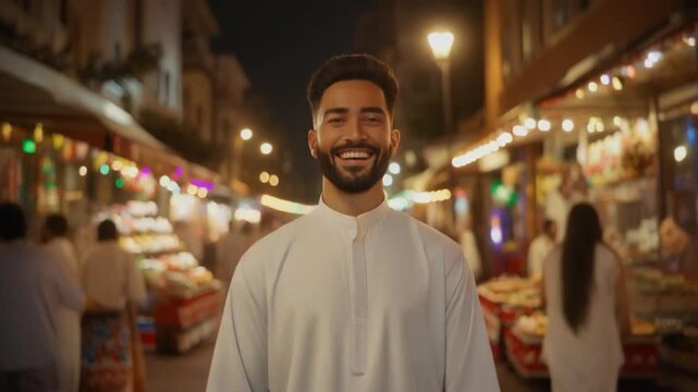 Smiling Middle Eastern man in white thobe standing in vibrant night market with colorful stalls and lights