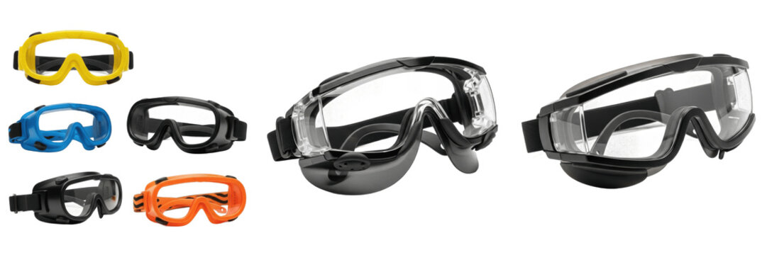 Set and collection of professional safety goggles and industrial eye protection glasses with adjustable straps isolated on white transparent png background