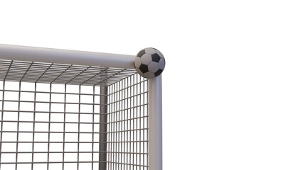 3d render of soccer ball hitting the top corner of football goal post and crossbar isolated on transparent background for sports template