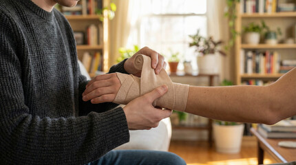 Man wrapping bandage around woman's arm in cozy indoor setting  