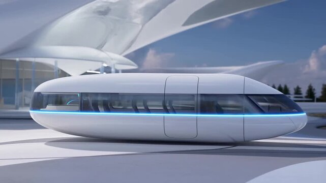 Futuristic maglev train leaving modern station
